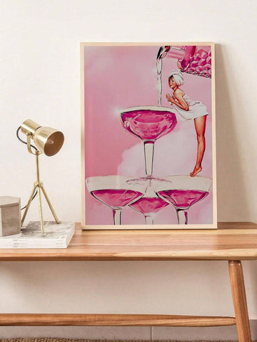 1pc Retro Art Poster Of Girl At Poolside Celebrating With Wine Glasses And Highball Glasses, Ideal Gift For Bedroom, Living Room, Dining Room, Study, Hallway, Coffee Shop, Office, Dorm Room, Wall Art, Wall Decor, Home Decor Canvas Painting, Frameless