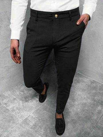 Men's Solid Color Straight-Leg Pants With Pockets For Casual Or Business Travel - MapleCo