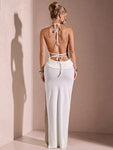 SHEIN BAE Summer Romantic Date Beach Vacation White Sexy Backless High Slit Halter Wrap Ruffle Tie Front Dress For Women