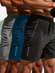 3pcs Men's Zipper Pocket Quick-Drying Shorts, Casual Slightly Stretch Breathable Drawstring Shorts For Summer Outdoor