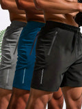 3pcs Men's Zipper Pocket Quick-Drying Shorts, Casual Slightly Stretch Breathable Drawstring Shorts For Summer Outdoor