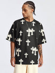 Manfinity StreetEZ Men's Digital Printed Loose Fit Cross Pattern Round Neck Short Sleeve T-Shirt, Suitable For Summer