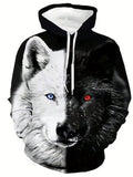 Men Slightly Stretchy Loose Fit 3D Wolf Print Hooded Sweatshirt - Breathable, Casual, Polyester Knit Fabric - Perfect For Outdoor Activities