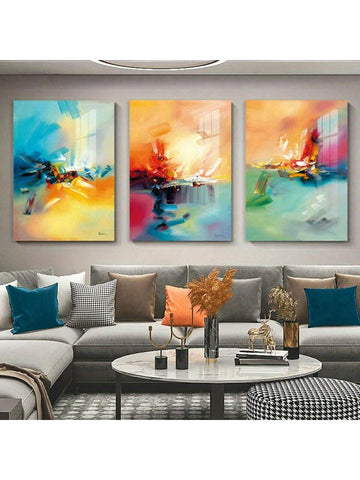 Framed 3pcs Colorful Abstract Wall Art Yellow Pink Blue Dream Sheet Oil Painting - MapleCo