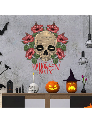 1pc Halloween Flower Skull Wall Stickers,  Horror Art Wall Decals Removable Vinyl Peel And Stick For Halloween Party Toilets Door Living Room Bedroom Kitchen Decorations - MapleCo