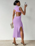 SHEIN Slayr Solid Color Backless Stand Collar Side Slit Bodycon Dress For Summer