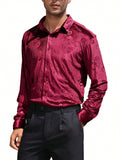 Men's Christmas Rose Print Long Sleeve Button Down Shirt Dress Wedding Party Shirt Wine