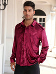 Men's Christmas Rose Print Long Sleeve Button Down Shirt Dress Wedding Party Shirt Wine