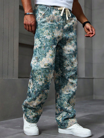 Manfinity Homme Men's Casual Holiday Fashion Artistic Impressionist Thick Textured Embossed Multicolor Blue Camouflage Floral Long Pants ,Camo Pants ,Baggy Pants