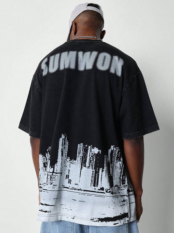 SUMWON Regular Fit Short Sleeve Washed Tee With Skyline Print - MapleCo