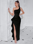 ADYCE One Shoulder Formal Asymmetric Front Slit Ruched High Waisted Ruffle Trim Party Maxi Dress For Cocktail, Ball And Fancy, Elegant Prom Evening Gown, For Wedding Guest, Graduation, Dinner, Christmas