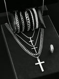 10pcs/Set Men's Cross Pendant Necklace, Hollow Chain Bracelet, And Ring Set, Sports, Business, Luxury Casual Gifts