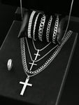 10pcs/Set Men's Cross Pendant Necklace, Hollow Chain Bracelet, And Ring Set, Sports, Business, Luxury Casual Gifts