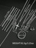 10pcs/Set Men's Cross Pendant Necklace, Hollow Chain Bracelet, And Ring Set, Sports, Business, Luxury Casual Gifts