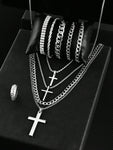 10pcs/Set Men's Cross Pendant Necklace, Hollow Chain Bracelet, And Ring Set, Sports, Business, Luxury Casual Gifts