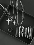 10pcs/Set Men's Cross Pendant Necklace, Hollow Chain Bracelet, And Ring Set, Sports, Business, Luxury Casual Gifts