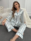 Shein CoupledUp Striped Print Contrast Piping Satin PJ Set / Pajama Set