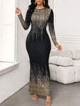 SHEIN Lady Wedding Guest Dress Women's Party Wear Black Bottom Sequin Printed Long Dress