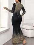 SHEIN Lady Wedding Guest Dress Women's Party Wear Black Bottom Sequin Printed Long Dress