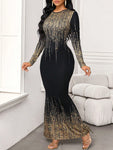 SHEIN Lady Wedding Guest Dress Women's Party Wear Black Bottom Sequin Printed Long Dress