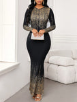 SHEIN Lady Wedding Guest Dress Women's Party Wear Black Bottom Sequin Printed Long Dress