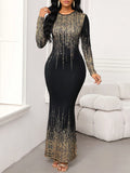 SHEIN Lady Wedding Guest Dress Women's Party Wear Black Bottom Sequin Printed Long Dress