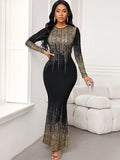 SHEIN Lady Wedding Guest Dress Women's Party Wear Black Bottom Sequin Printed Long Dress