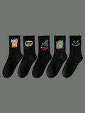 5prs/Pack Men's Random Crew Socks With Halloween Demon Skull Ghost Funny Expressions, Soft