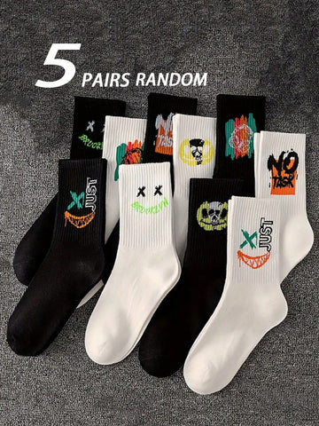 5prs/Pack Men's Random Crew Socks With Halloween Demon Skull Ghost Funny Expressions, Soft