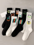 5prs/Pack Men's Random Crew Socks With Halloween Demon Skull Ghost Funny Expressions, Soft