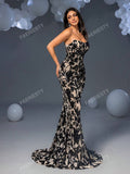 Faeriesty Floral Sequin Mermaid Hem Tube Party Dress Black Elegant Formal Evening Prom Wedding Guest Gown, For Graduation, Dinner