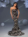 Faeriesty Floral Sequin Mermaid Hem Tube Party Dress Black Elegant Formal Evening Prom Wedding Guest Gown, For Graduation, Dinner