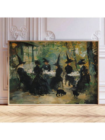 1pc  Cafe Poster, Witchy Impressionist Print, Halloween Witches And Black Cats Wall Art, Posters For Living Room, Bed Room