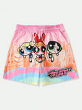 The Powerpuff Girls | ROMWE Men's Casual Loose Cartoon And Letter Printed Drawstring Waist Shorts Summer, School