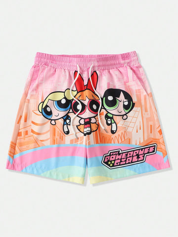 The Powerpuff Girls | ROMWE Men's Casual Loose Cartoon And Letter Printed Drawstring Waist Shorts Summer, School