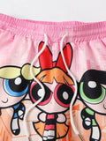 The Powerpuff Girls | ROMWE Men's Casual Loose Cartoon And Letter Printed Drawstring Waist Shorts Summer, School