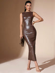 SHEIN BAE Women Sleeveless PU Leather Fitted Long Dress