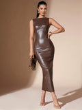 SHEIN BAE Women Sleeveless PU Leather Fitted Long Dress