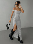 SHEIN EZwear Women's New Off-Shoulder High Slit Maxi Striped White Dress, Suitable For Daily Wear