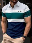 NEW Manfinity Homme Men's Color-Block Striped Printed Short Sleeve Polo Shirt, Summer - MapleCo