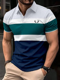 NEW Manfinity Homme Men's Color-Block Striped Printed Short Sleeve Polo Shirt, Summer - MapleCo