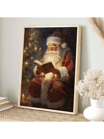 1 Pc Canvas Painting Vintage Christmas Wall Art Father Christmas Reading Books Printable Christmas Oil Painting