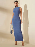 SHEIN BAE Women Fall Long Sleeveless Solid Blue Textured Dress