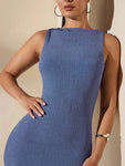 SHEIN BAE Women Fall Long Sleeveless Solid Blue Textured Dress