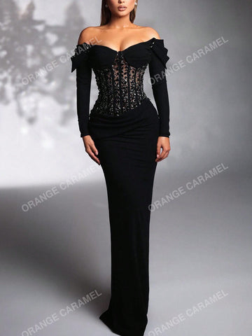 New Arrival Women Long Sleeve Lace Splice Fitted Elegant Velvet Evening Gown, Black Formal Prom Dress, For Wedding Guest, Graduation, Dinner