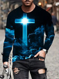 Cross And Clouds 3D Print Men's Stylish Long Sleeve Round Neck T-Shirt For Spring Fall Outdoor, Special Gift For Men