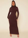 SHEIN SXY High Neck Solid Bodycon Out Going With Sleeves  Black Maxi Dress