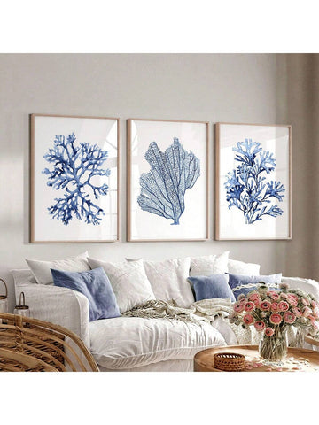 Coral Seaweed, Navy Blue Watercolor Set Of 3 PCS, Minimalist Art Works Plant Poster - MapleCo