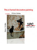 1pc Pondering  In Bathtub Poster, Light Academia Art, Gothic Halloween Print, Pretty Whimsigoth Wall Art, Black Cat Lover Gift, Canvas Posters, Canvas Wall Decor For Home, Living Room, Bed Room, Kitchen ,Bathroom