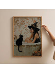 1pc Pondering  In Bathtub Poster, Light Academia Art, Gothic Halloween Print, Pretty Whimsigoth Wall Art, Black Cat Lover Gift, Canvas Posters, Canvas Wall Decor For Home, Living Room, Bed Room, Kitchen ,Bathroom